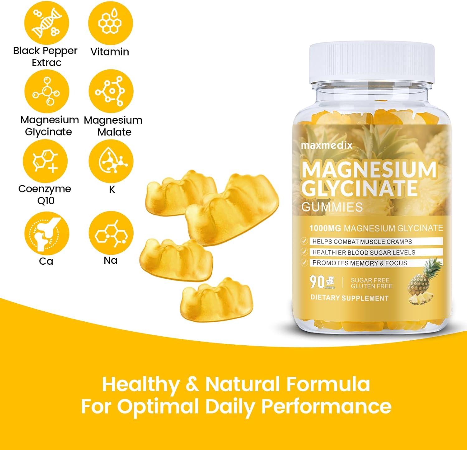 Magnesium Glycinate Gummies 1000mg, Sugar Free Magnesium Potassium Supplements Chewable for Adults with L-Threonate for Sleep, Body Support and Relaxation,90 Pineapple Gummies - Image 2