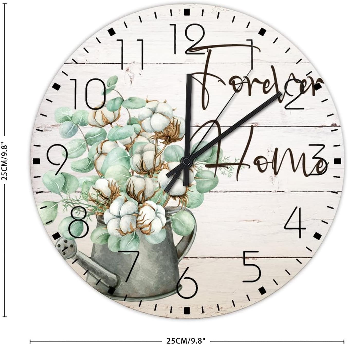 Minimalist Wood Clock Non-Ticking Quartz Battery Operated Forever Home Watercolor Mason Jar Floral Personalized Wall Clocks Cotton Flower in Vase Wall Decor for Restaurant Patio Conference Room 10"