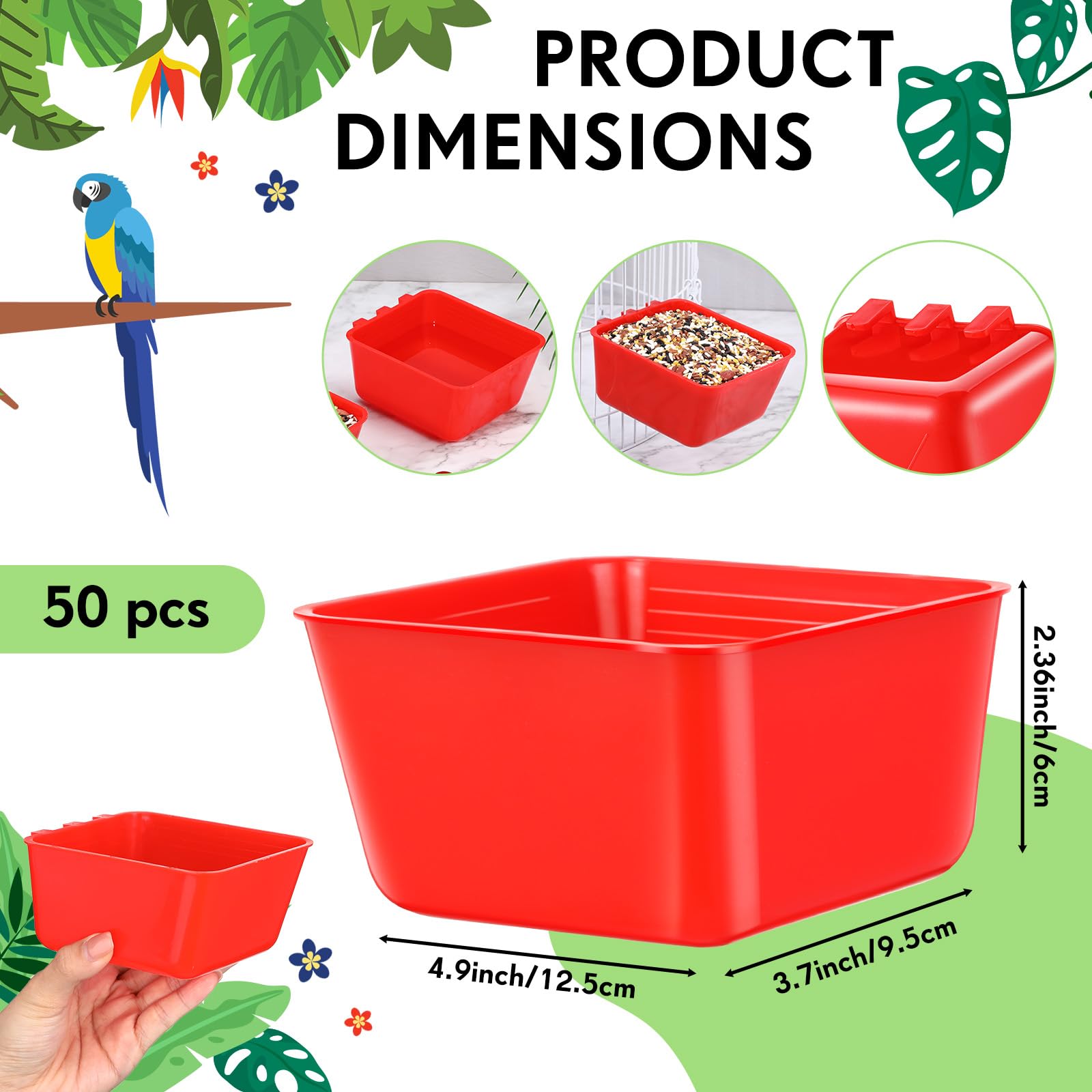 Maxdot 50 Pcs Cage Cups Chicken Feeder Cups 16 oz Hanging Bird Food Water Bowl Bunny Cage Feeding Dish for Pet Parrot Rooster Parakeet Gamefowl Poultry Pigeon(Red) - image 2