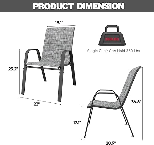 Miniatura 7 de Juego de 6 sillas de patio, sillas de comedor apilables al aire libre para todo tipo de clima, tela de textileno y marco de metal, juego de sillas