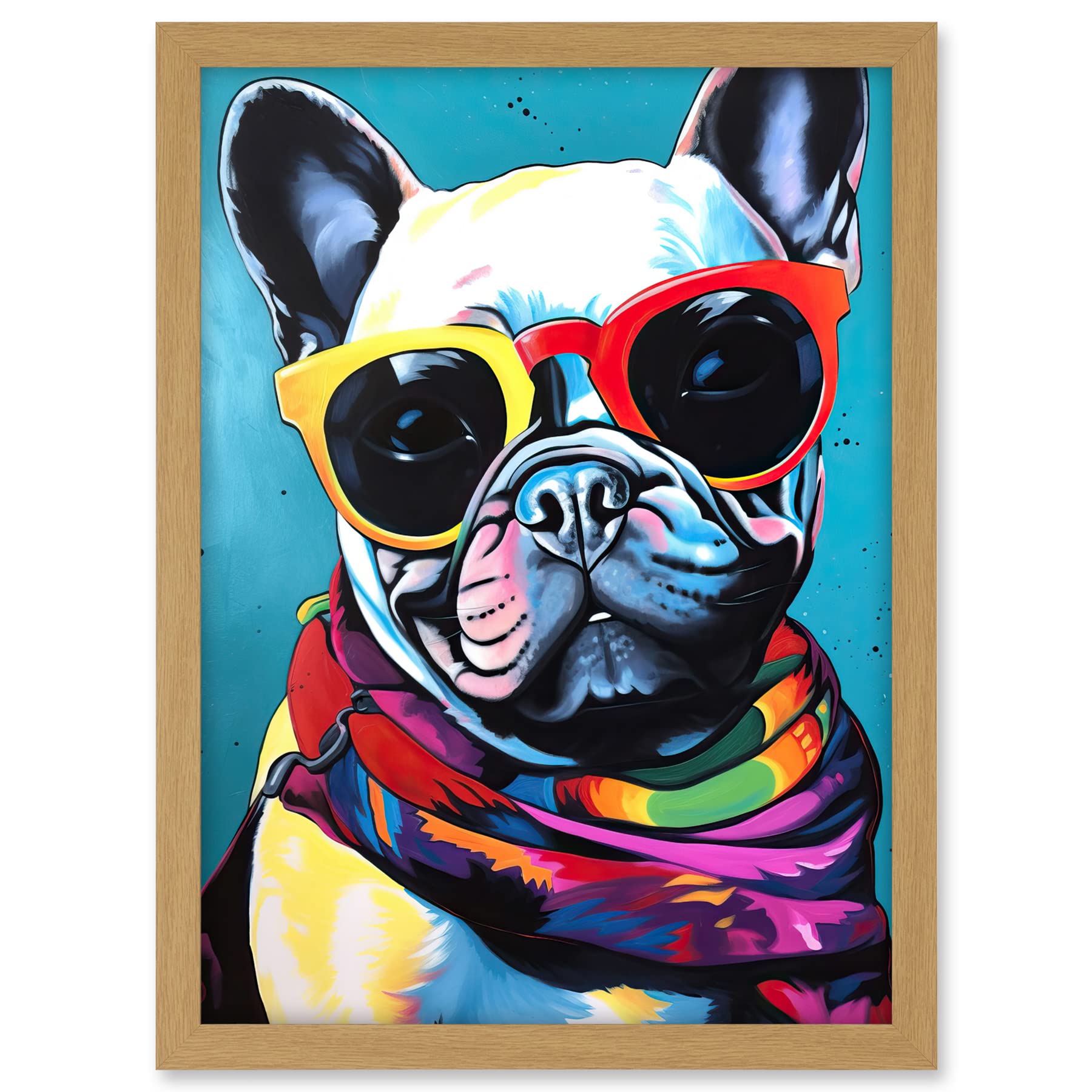 Artery8 French Bulldog in Sunglasses and Bandana Folk Art Artwork Framed A3 Wall Art Print
