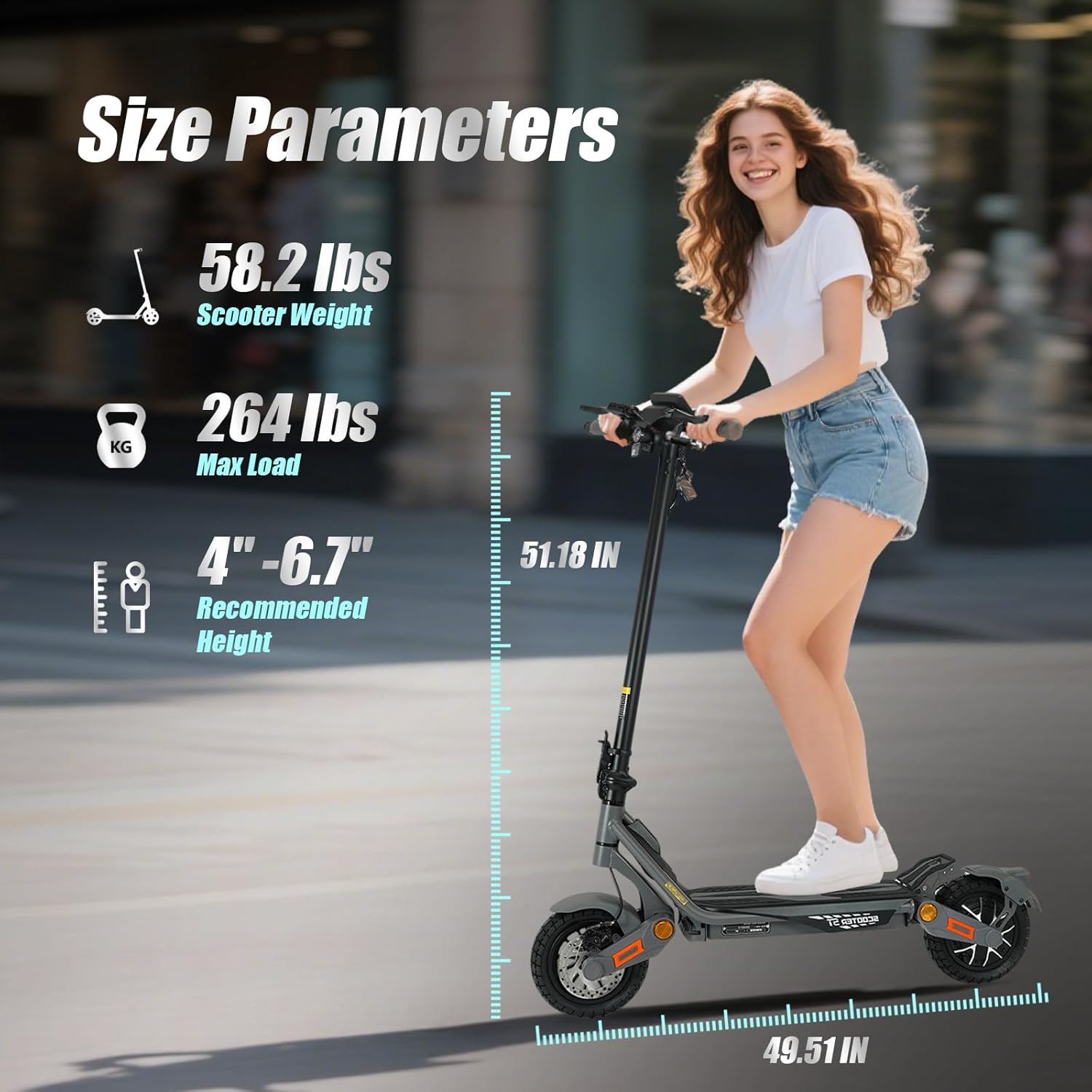 Diagram showing the dimensions of the scooter: 49.51 inches length, 51.18 inches height, 58.2 lbs scooter weight, 264 lbs max load, and recommended height of 4' to 6'7".