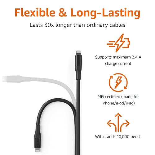 Miniatura 9 de Tienda Basics - Paquete de 2 cables de carga USB-A a Lightning ABS, certificado MFi para Apple iPhone 14, 13, 12, 11 X Xs Pro, Pro Max, Plus, iPad,