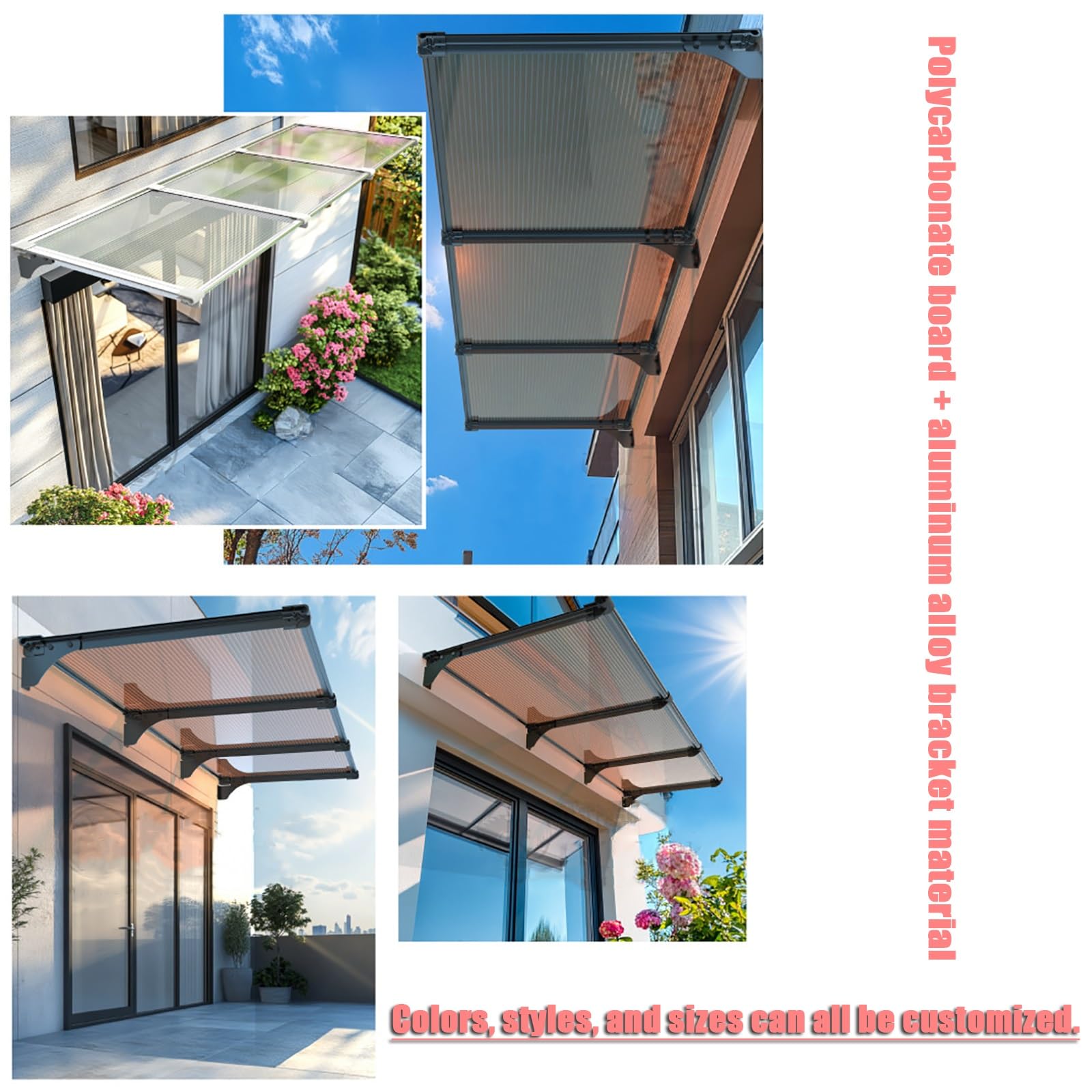 Żagiel przeciwsłoneczny z poliwęglanu do drzwi, okien i wejść, trwały wspornik ze stopu aluminium, prosta twarz, 100 x 360 cm (39 x 142 cale)