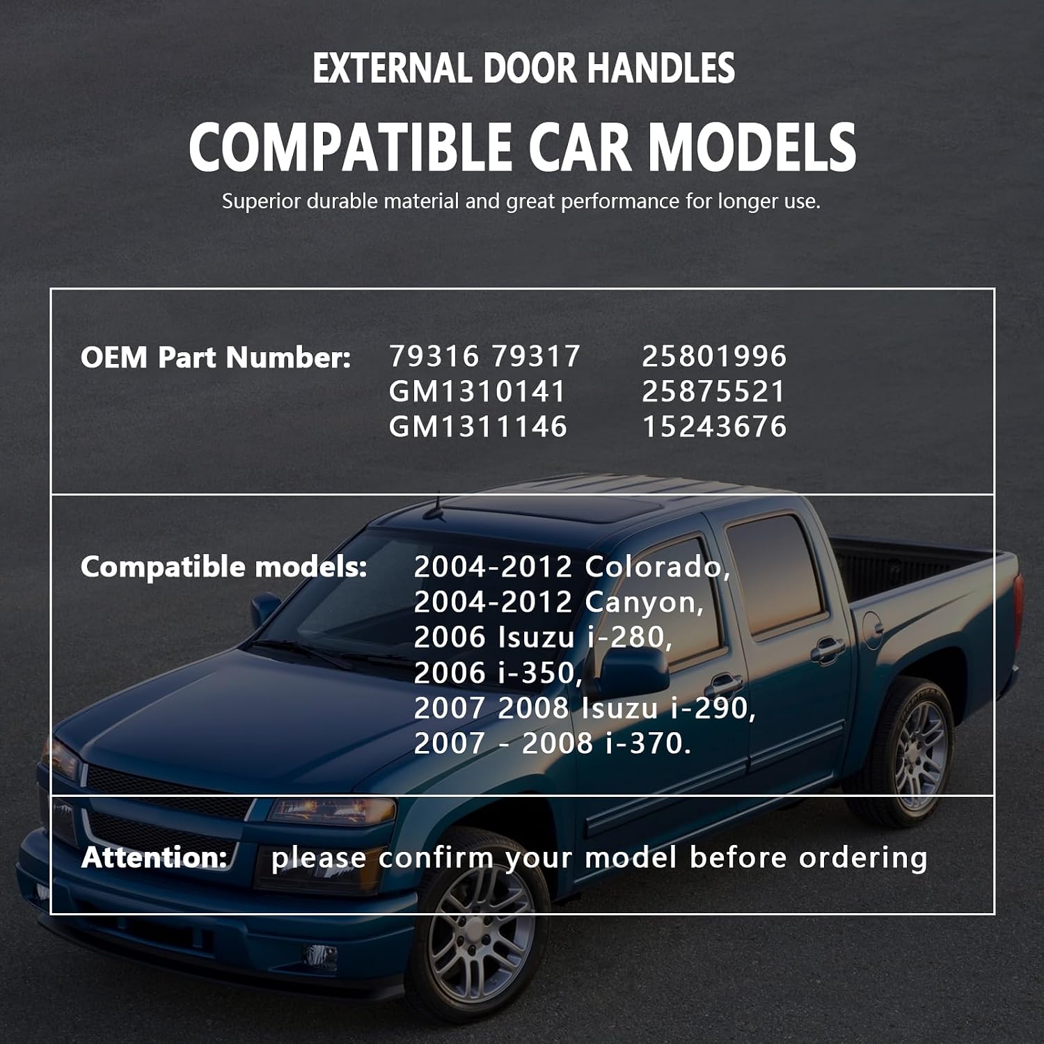 Exterior Door Handles fits Colorado Canyon 2004-2012, i-280 i-350 2006, i-290 i-370 2007-2008 Front & Rear Left Driver & Right Passenger Door Handle Replace79317, GM1310141, 25801996