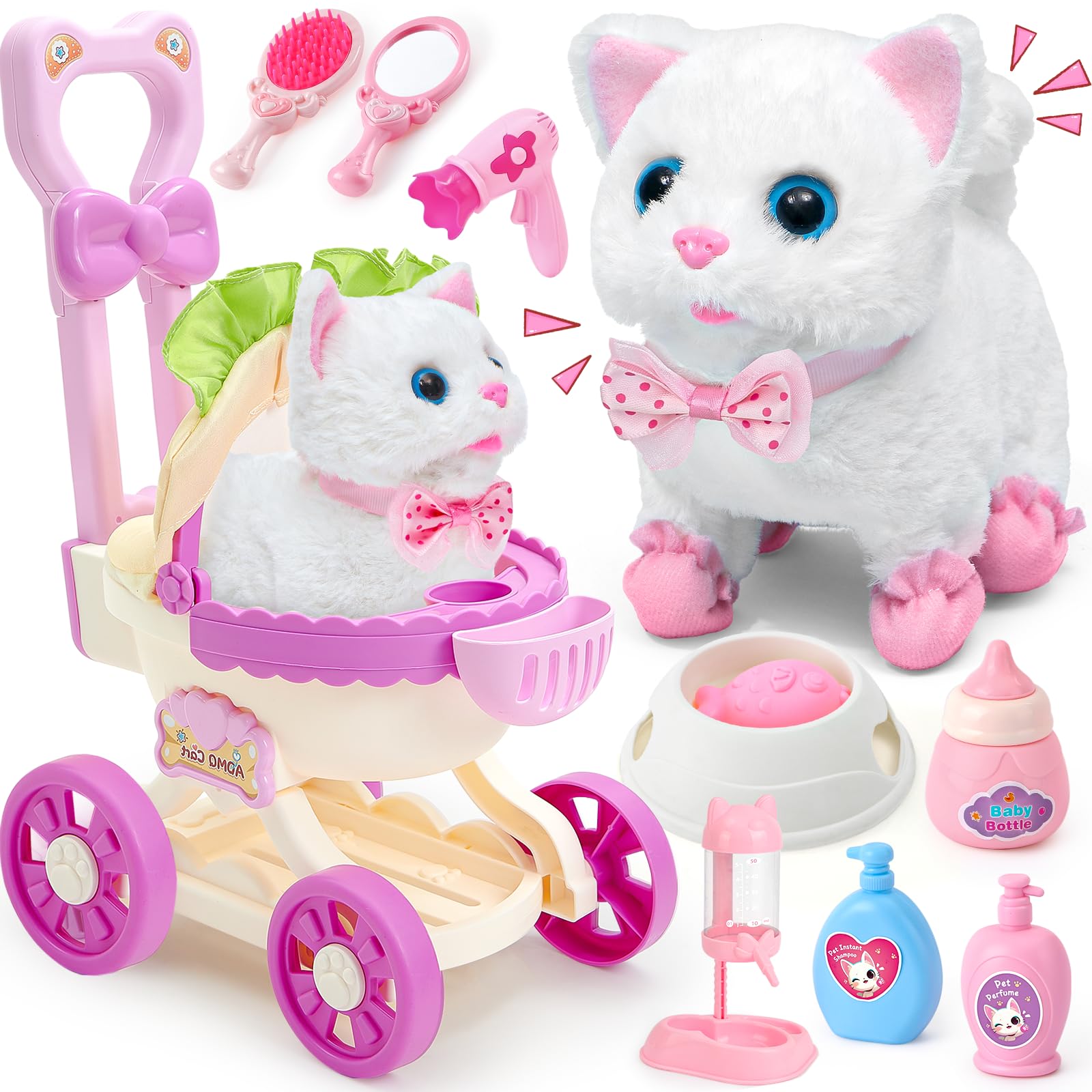 Tacobear Jouet Electronique en Peluche Chat Fille 3 4 5 6 Ans, avec Interactif Chat & Poussette de Poupee & Accessoires de Animaux Jeu de Role Jouet Cadeau Noël Danniversaire Enfant Fille 3-6 Ans