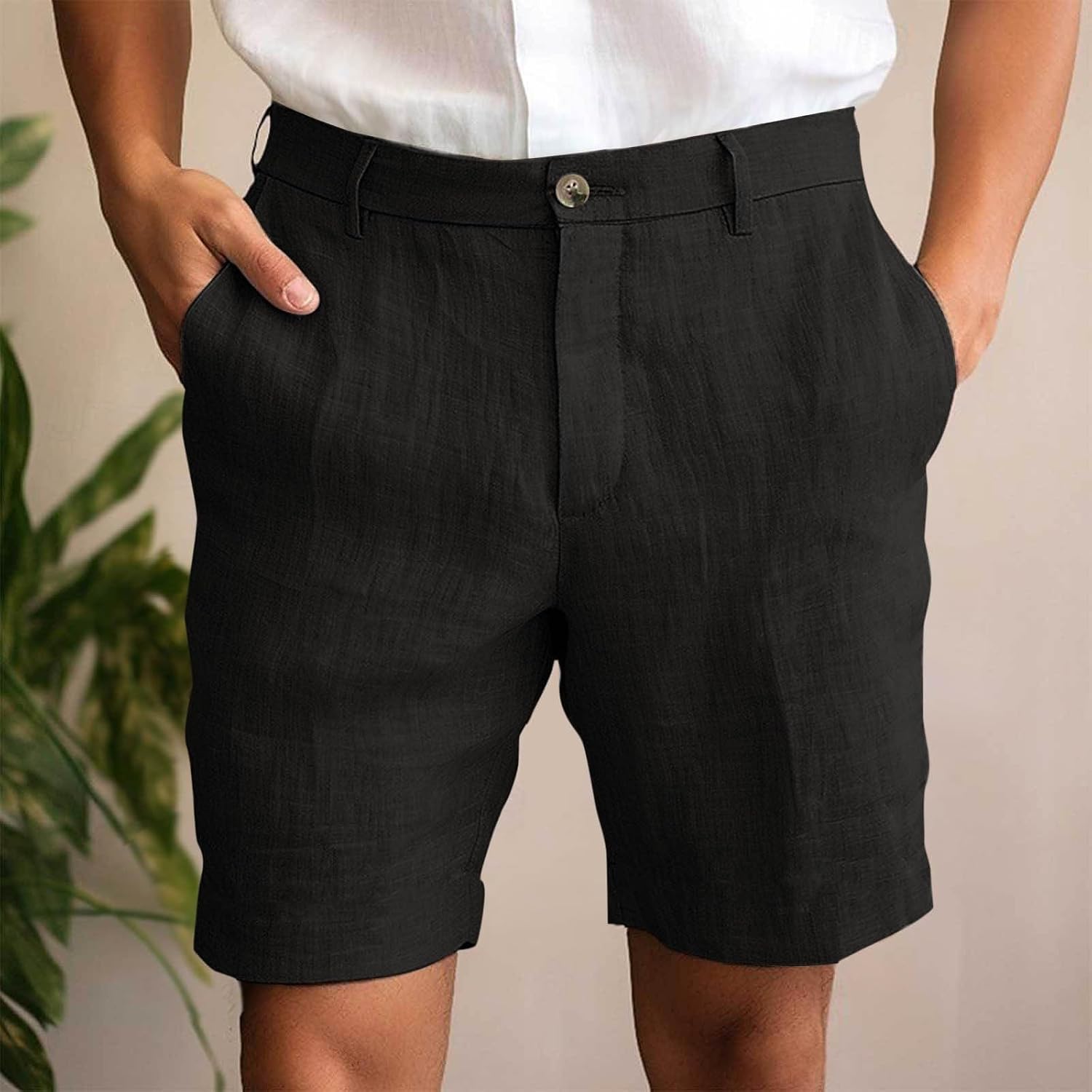 Men's Cotton Linen Shorts Straight Leg Short Pants Casual Button Waist Summer Beach Vacation Shorts with Pockets
