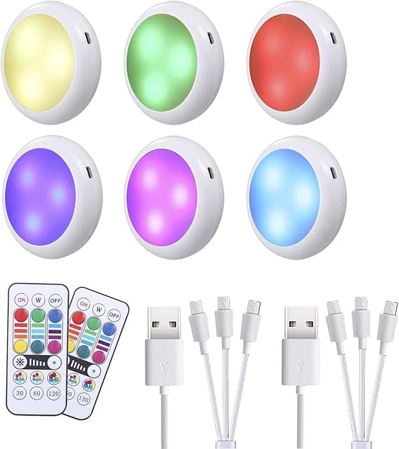 Under Cabinet Lights LED Wireless - Rechargeable Puck Cupboard Light USB Charge RGB Dimmable Remote Control Brightness Adjustable for Kitchen Bookcase Showcase Closet Pantry (6PCS)