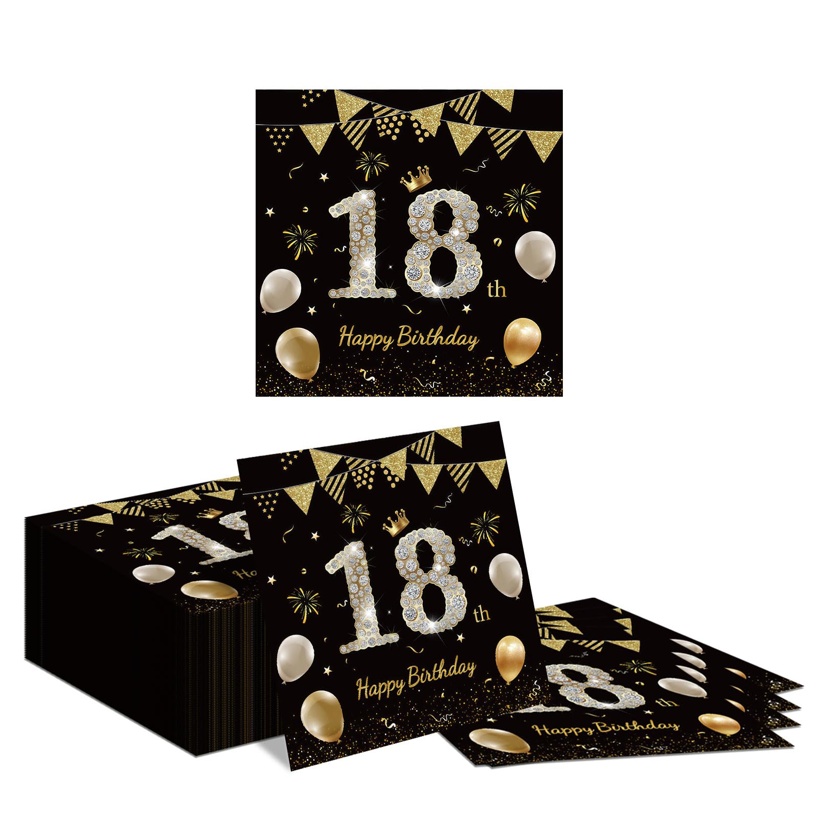 Tapufitil 80 Pieces 18th Birthday Napkins, Black-Gold Rhinestone Paper Serviettes with Crown, 33x33cm Double-Layer Disposable Towels for Adult Celebration Party Decoratio