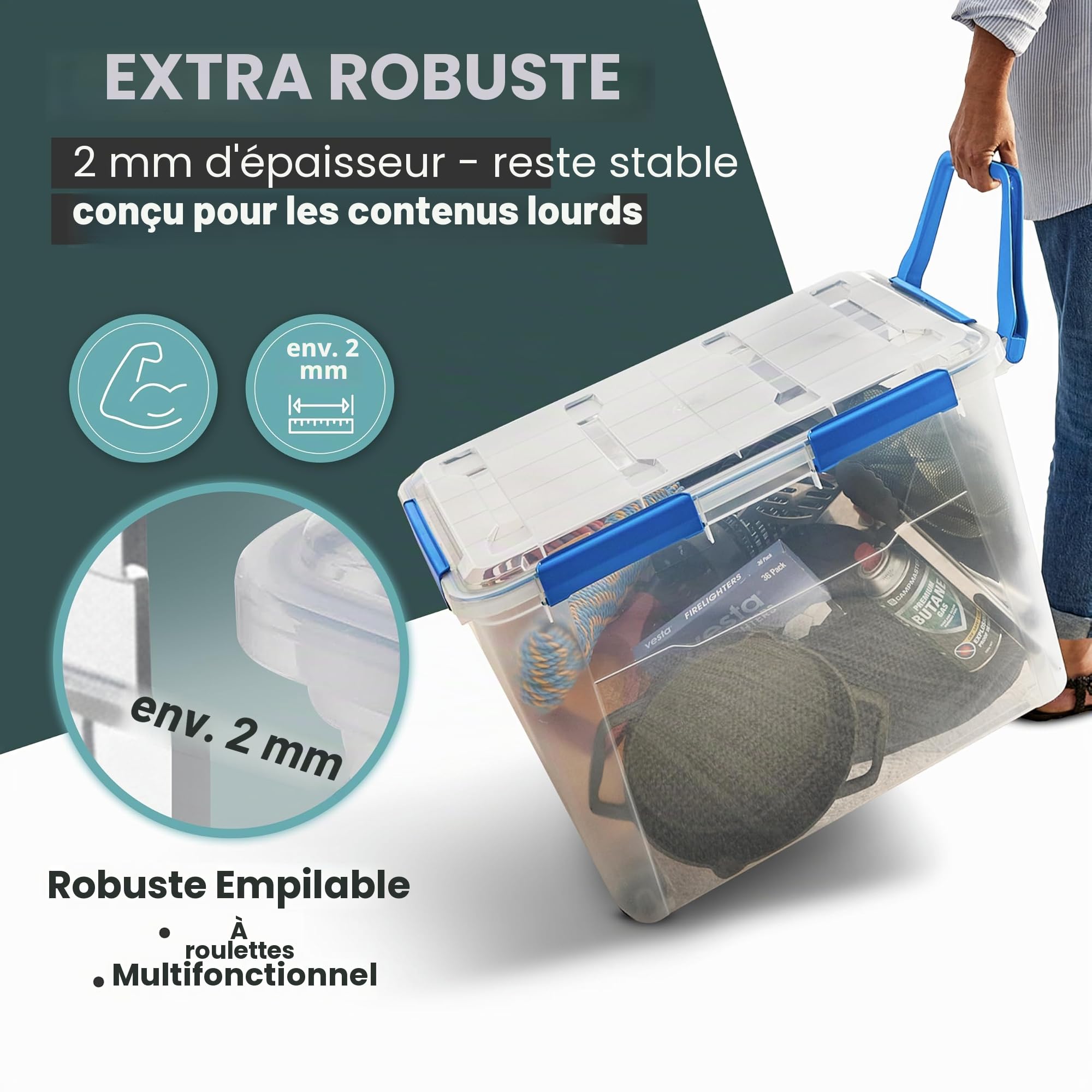 Kreher Boîte de rangement 100 litres avec couvercle, étanche, résistante à la poussière, transparente et empilable, sans BPA et sans substances nocives, boîte en plastique robuste avec joint en