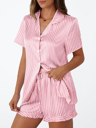 LILLUSORY Womens Satin Silk Pajamas Set 2 Piece Ruffle Pjs Winter Matching Lounge Sleepwear Button Down Striped Shirt Shorts