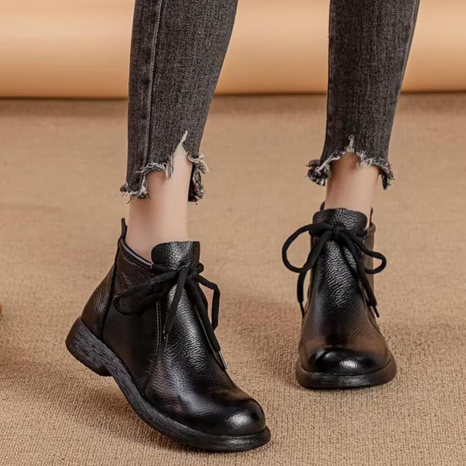 Women's Genuine Leather lace-up flat ankle boots Classic Round Toe Back zipper Soft Bottom Casual Booties Comfortable Vacation Office Anti Slip Leather Boots - Image 2