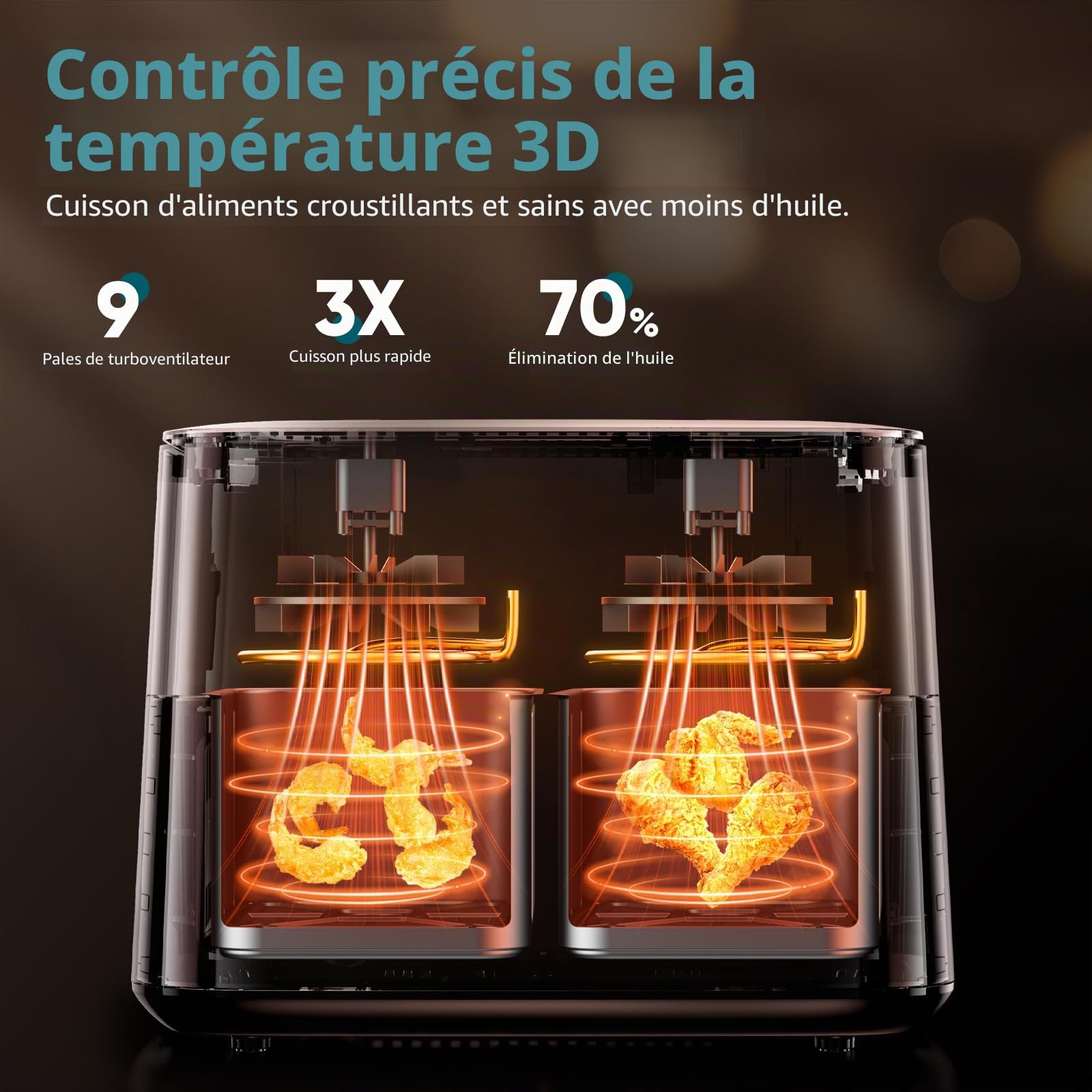 Friteuse à air double zone pour un usage domestique, friteuse à air numérique de 9 litres avec technologie d'air rapide pour une cuisson saine sans huile et à faible teneur en matières grasses