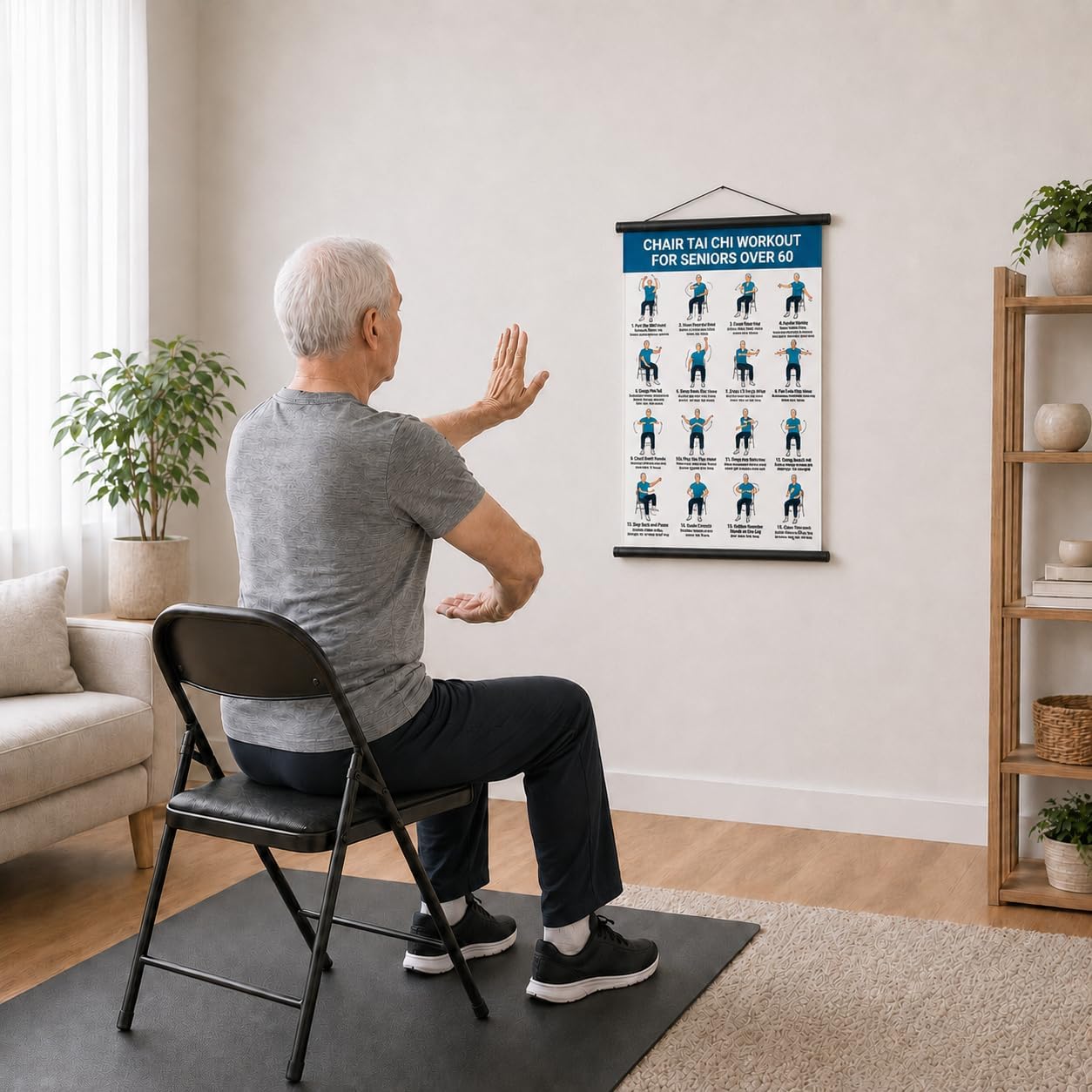 lionpower Tai Chi Chair Workout Chart for Seniors, Chair Tai Chi for Seniors Wall Poster, Tai Chi for Beginners Seated Chair Exercise Chart, Balance & Flexibility Guide for Men, 16 x 24 in