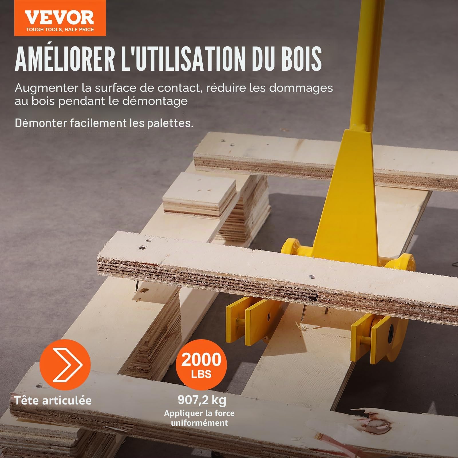 VEVOR Démonte Palette 114,3 cm Arrache Palettes Capacité de Charge 907 kg Acier au Carbone Q235 Outil de Démontage de Palettes en Bois avec Manche 104 cm Paire de Gants pour Démonter Enlever Planches