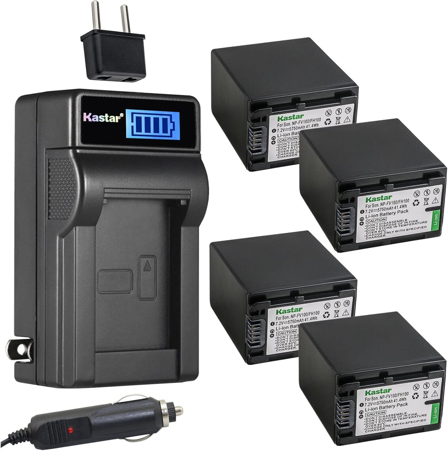 Kastar 4-Pack NP-FH100 Battery and LCD AC Charger Compatible with Sony DCR-SR57, DCR-S60, DCR-SR62, DCR-SR65, DCR-SR77, DCR-SR8, DCR-SR80, DCR-SR82, DCR-SR85, DCR-SR87, DCR-SR90, DCR-SX30