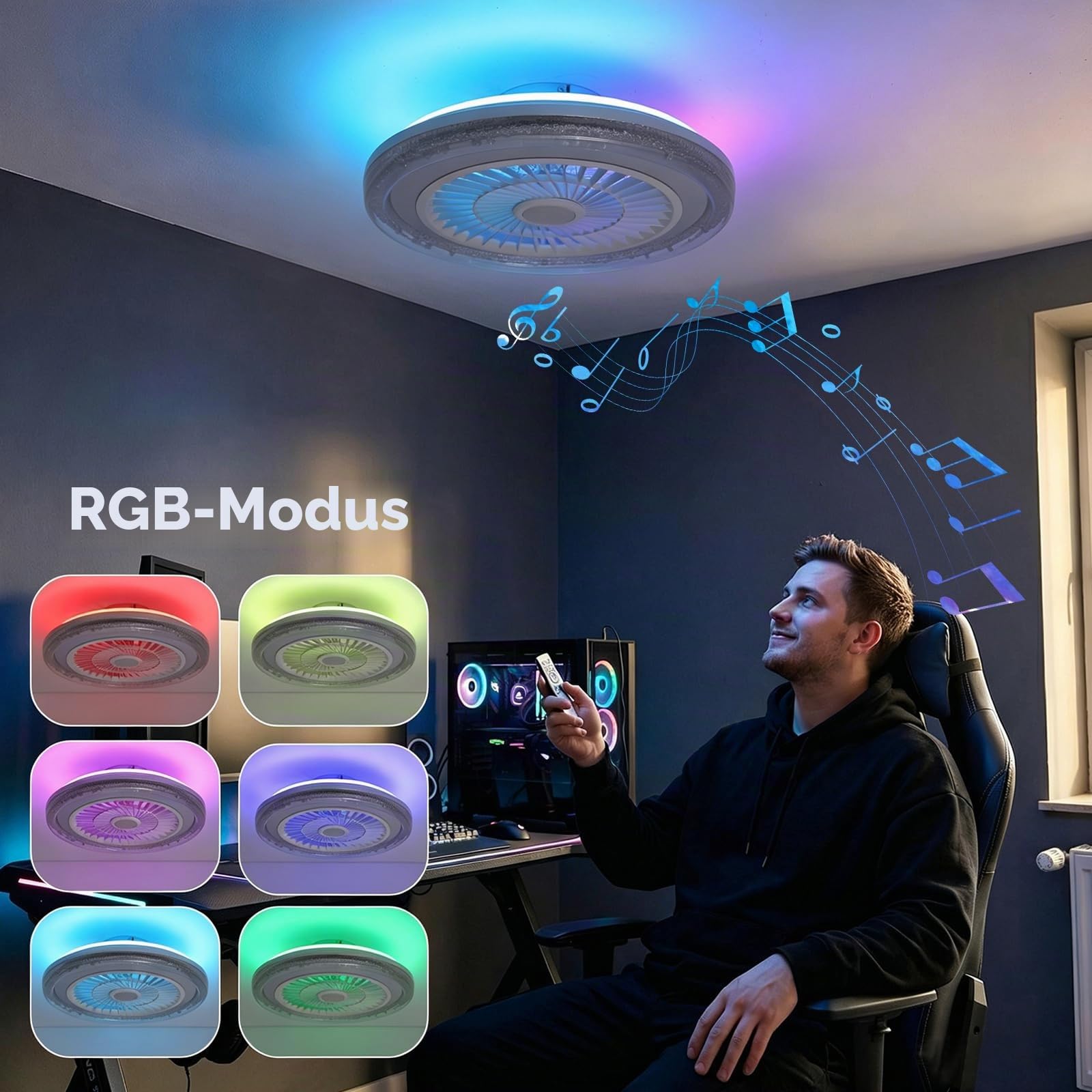 50cm RGB Deckenventilator mit Beleuchtung Musik Lautsprecher Deckenlampe | Fernbedienung und APP Dimmbar, Bluetooth Decken Lampe mit Ventilator Umkehrbar Leise für Schlafzimmer Kinderzimmer