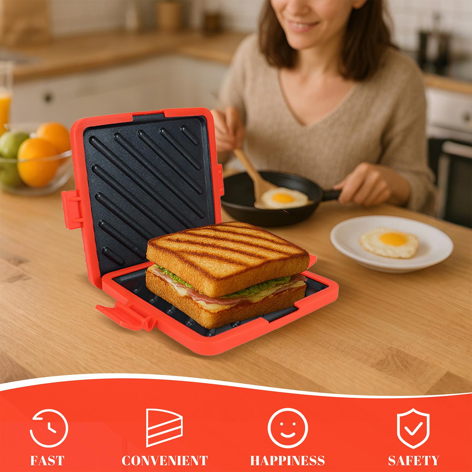 Microwave Sandwich Maker - Grilled Cheese Sandwich Maker?3-in-1 Toastie Panini Press with Dishwasher Safe Design No Electricity Needed Fast Cooking for Travel Friendly/Office/Home (Red)