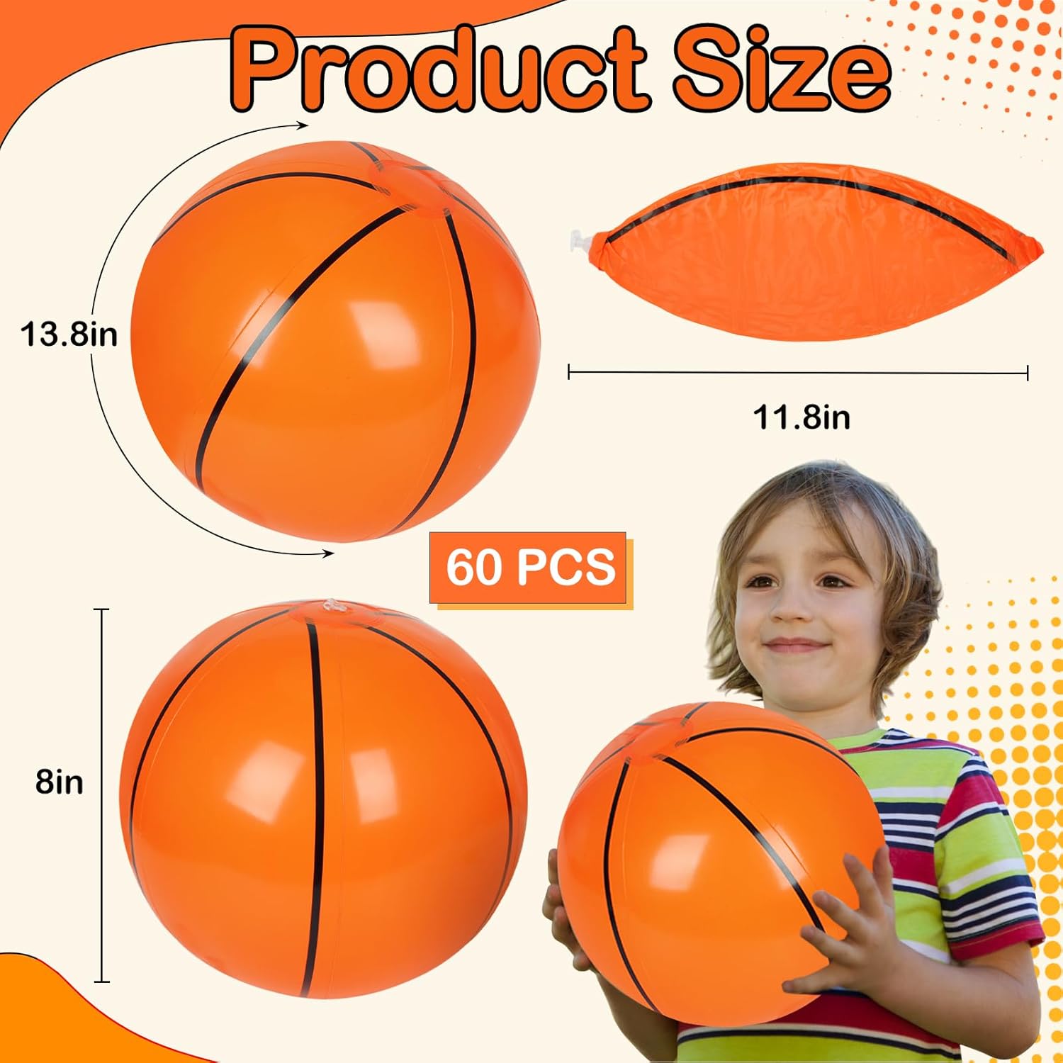 60 Pieces Basketball Beach Balls, 8 Inch Inflatable PVC Blow Up Beach Ball Bulk for Sports Themed Summer Beach Pool Game Water Sand Basketballs March Madness Decorations Birthday Party Favors
