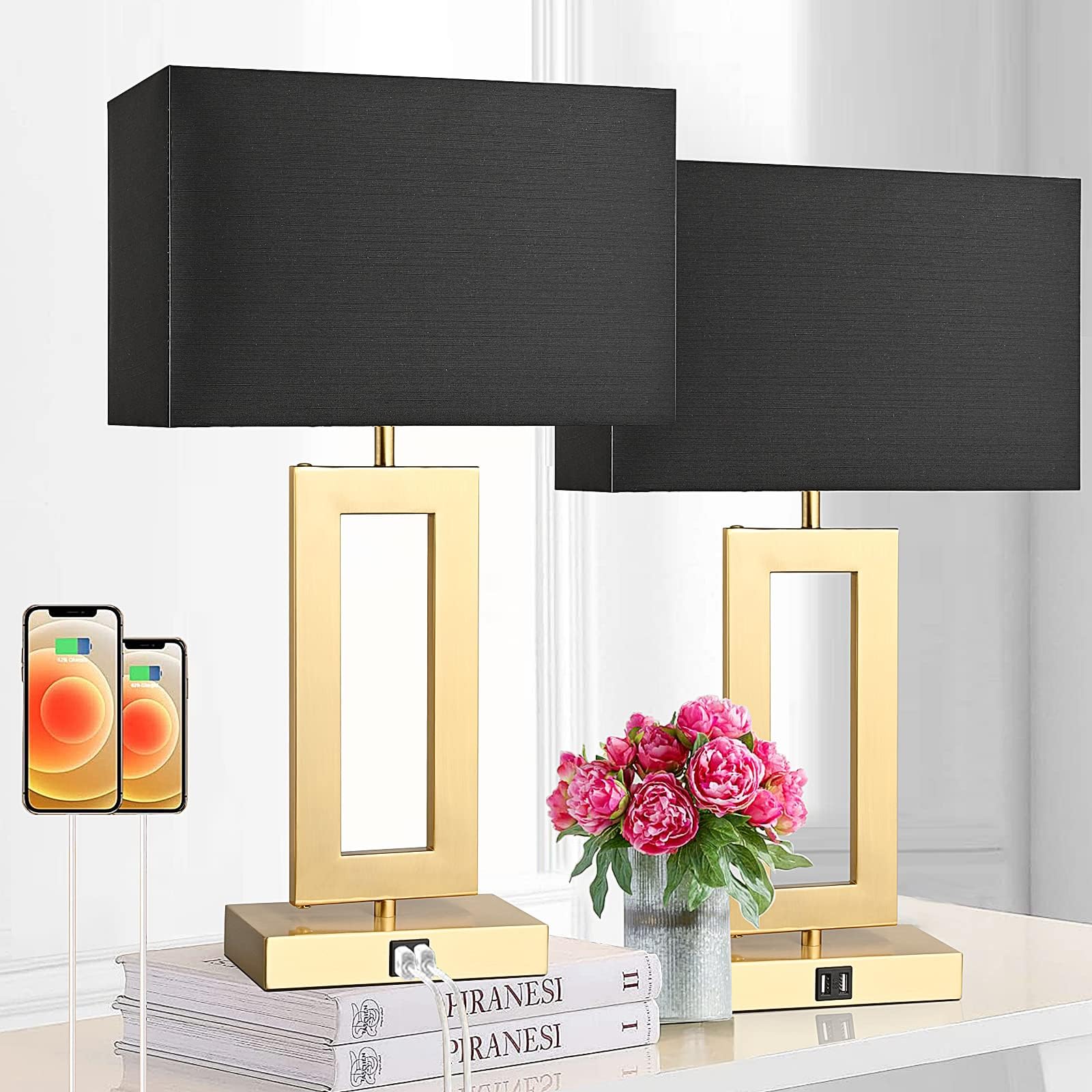 22'' Black&Gold Lamps for Bedrooms Set of 2, Touch Control Table Lamps with USB Ports, 3-Way Dimmable Bedside Nightstand Lamps, Modern Table Lamps for Living Room End Table, LED Bulbs Included