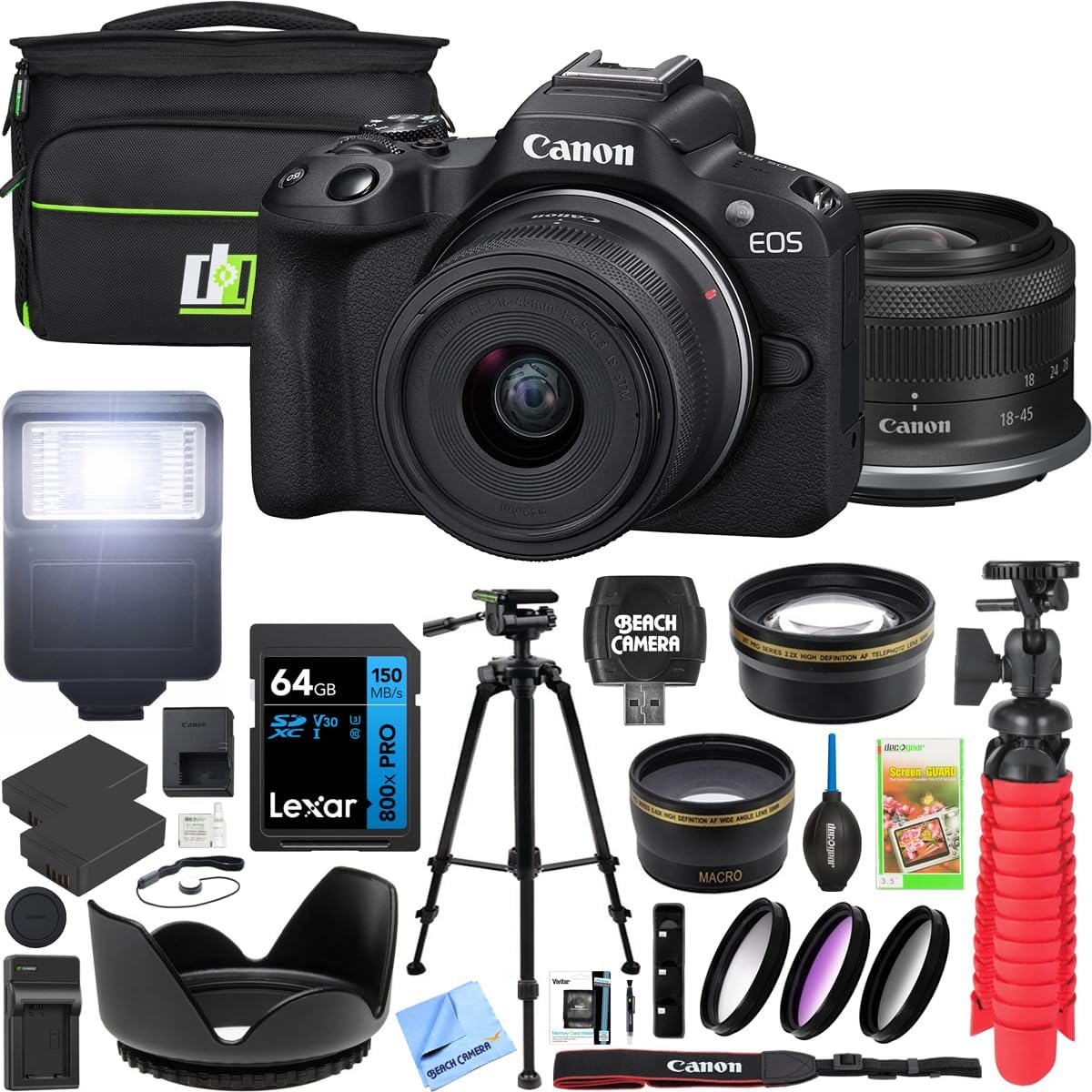 Canon EOS R50 Mirrorless Camera (Black) with RF-S 18-45mm F4.5-6.3 is STM Lens 5811C012 Bundle with Deco Gear Photography Bag + 2 Battery +Tripod + Filters + Wide Angle & Telephoto Lenses & More