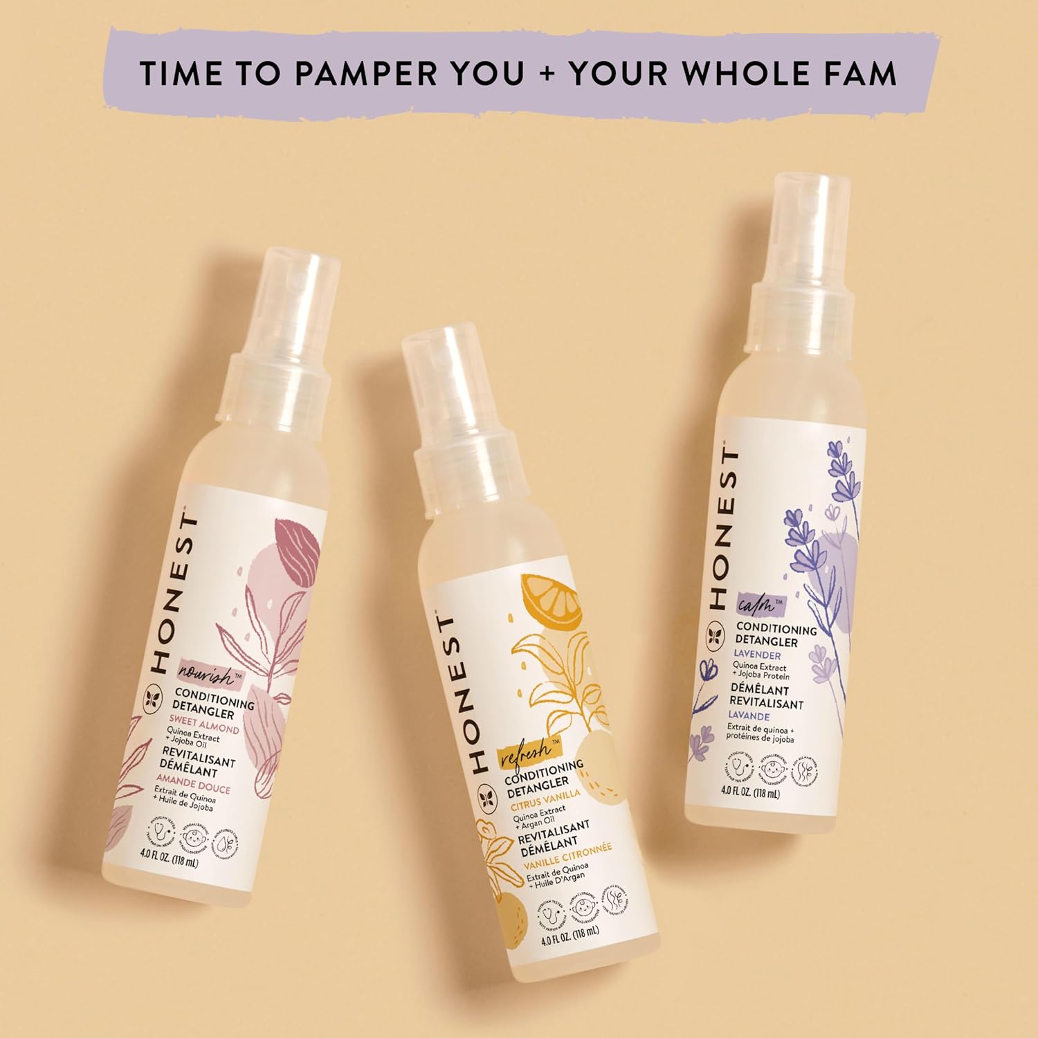 The Honest Company Conditioning Hair Detangler Spray Variety Pack | Tear-Free + Hypoallergenic | Lavender, Citrus Vanilla, Sweet Almond | 4 fl oz each (pack of 3)