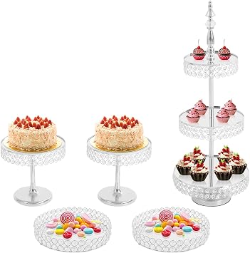 Crystal Cake Stand Set 5Pcs Dessert Table Display with Mirror Top & 3-Tier Tower, Metal Cake Stands for Wedding, Party, Candy Table Silver