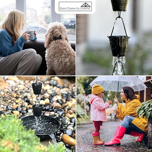 Miniatura 9 de Cadena de lluvia con volantes de 8.5 pies, color negro, para reemplazar canalón, desviador de agua, JAS3003BLK