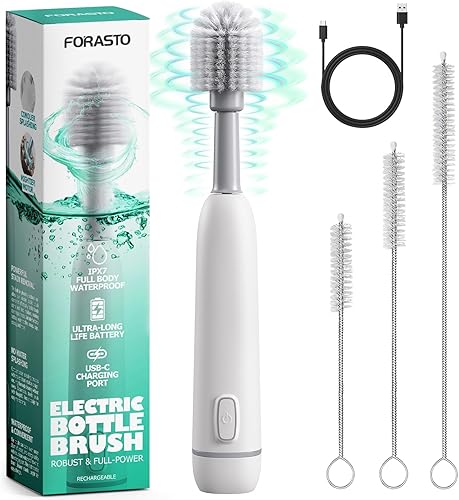 FORASTO Cepillo eléctrico para botellas, recargable por USB, IPX7, resistente al agua, cepillo limpiador de botellas con 3 cepillos limpiadores de