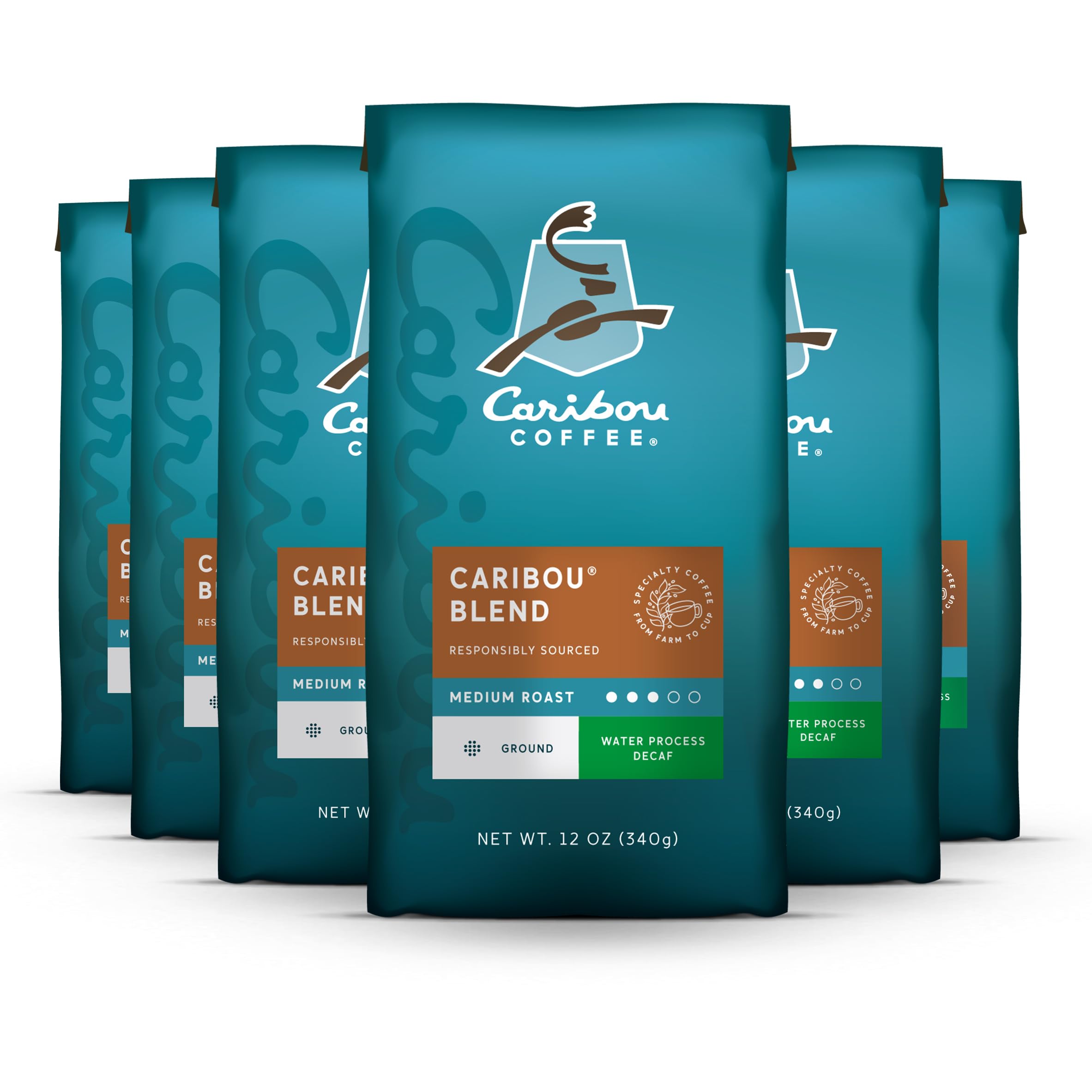 Caribou Coffee, Medium Roast Naturally Decaffeinated Ground Coffee - Caribou Blend 72 Ounces (6 Bags of 12 Ounces)
