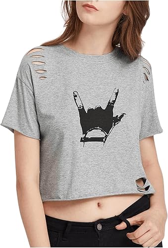 Miniatura 3 de SweatyRocks - Camiseta ombliguera desgastada con manga corta e impresión gráfica, para mujer