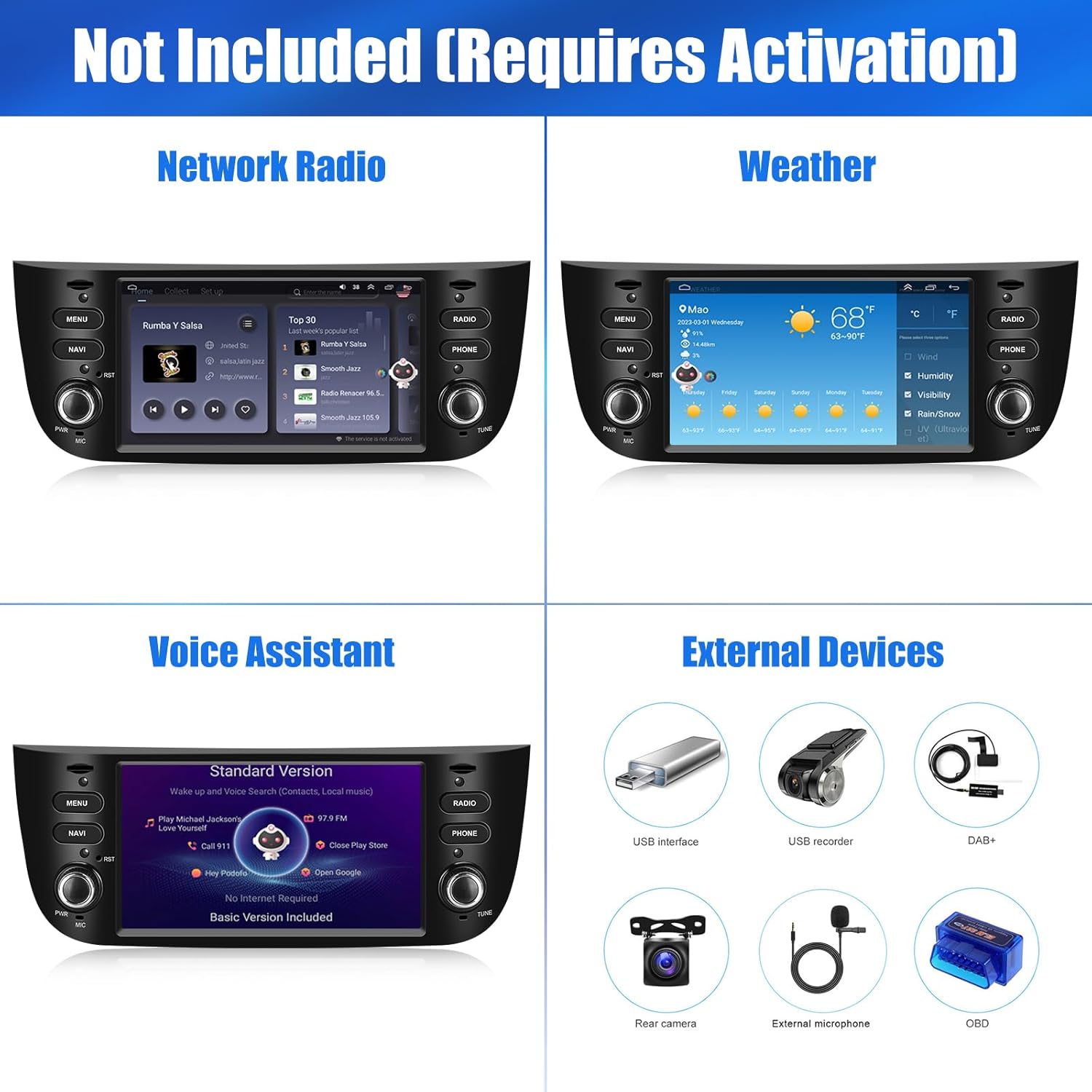 Four panels showing optional features and external device connections for the SIXWIN Android 13 Autoradio: Network Radio, Weather display, Voice Assistant interface, and various external devices like USB interface, USB recorder, rear camera, external microphone, and DAB+.