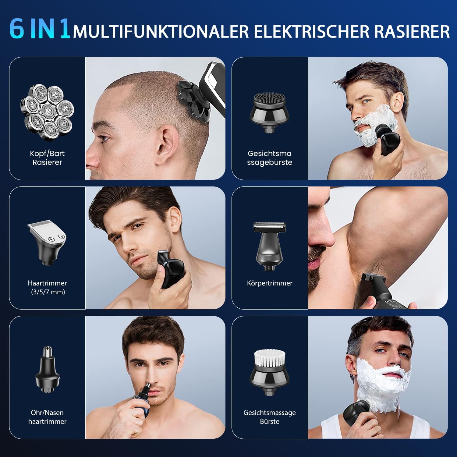 All 6-in-1 attachments for the electric shaver