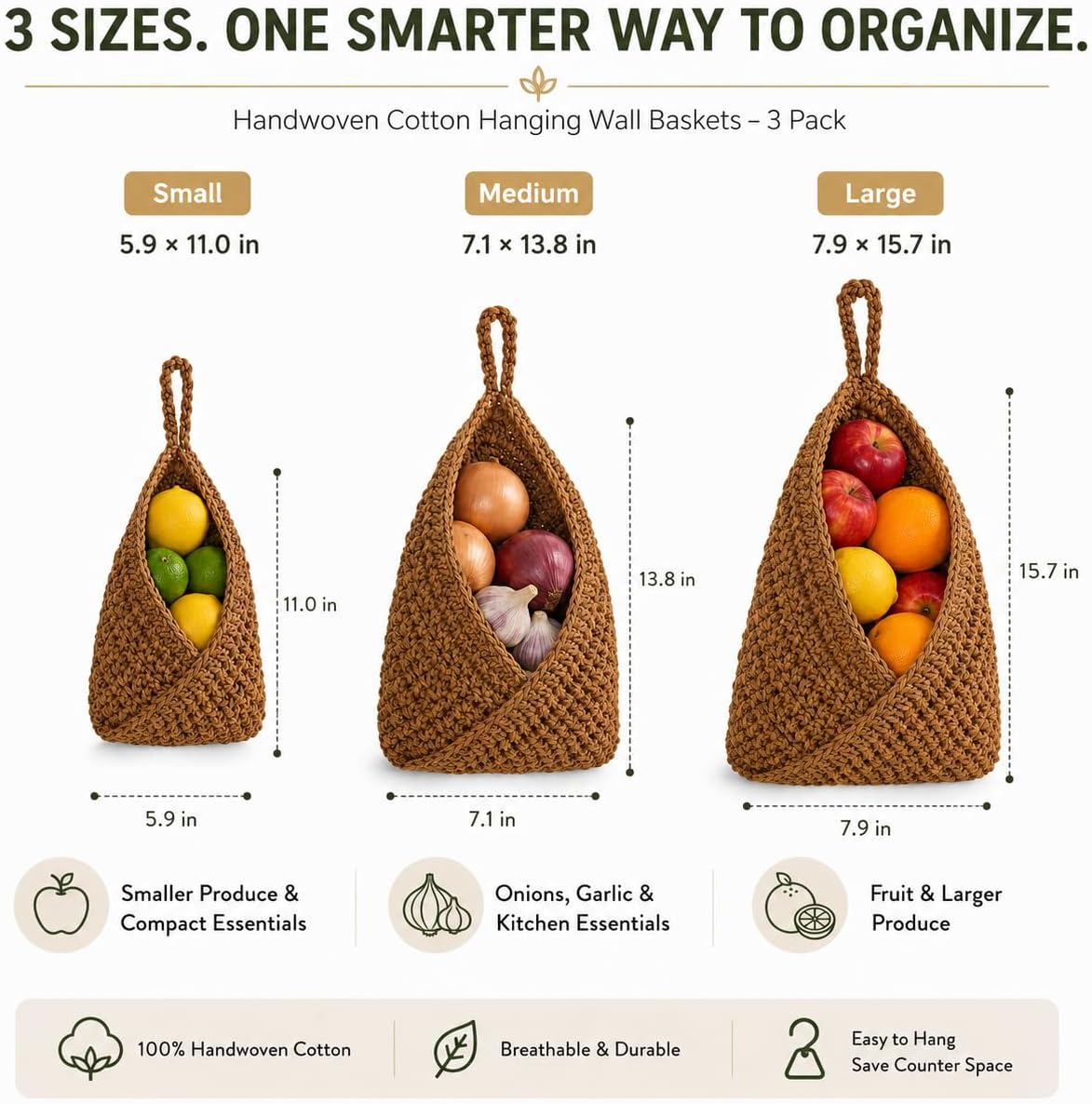 Hanging Fruit Baskets for Wall, 3 Pack Handwoven Cotton Baskets for Storage
