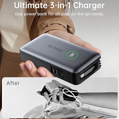 Miniatura 5 de GUSGU X3 Pro - Banco de energía de 20,000 mAh con enchufe plegable, cable USB-C retráctil y puertos tipo CUSB-A, cargador rápido PD Max de 65 W para