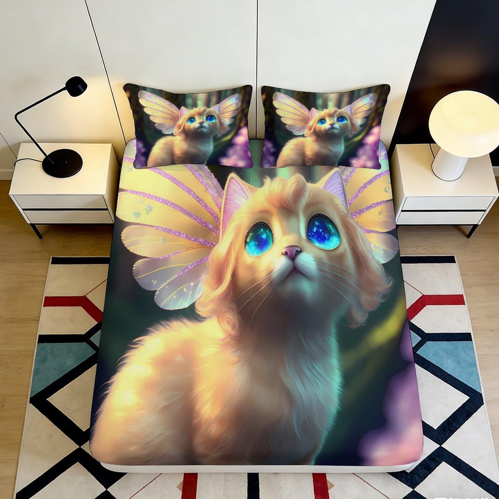 3D Printed Fairy Cat Fitted Sheet Microfiber Soft Breathable Fantasy Wings Bed Cover for Bedroom Dormitory Guest Room Mattress Protection Decor 180x200x25cm
