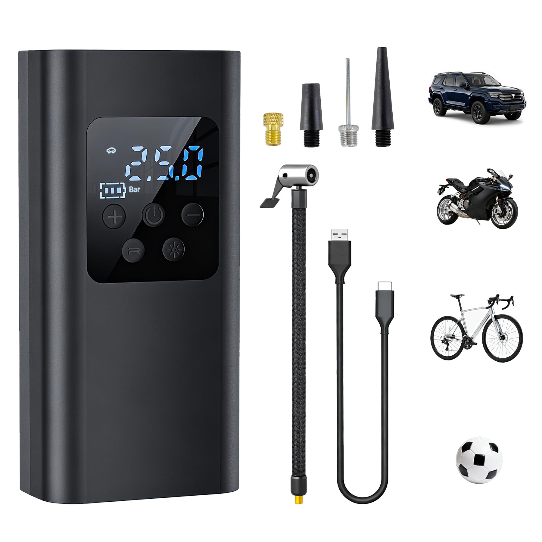 Qingning Compresor de Aire Portátil 150PSI, Inflador Ruedas Coche con Pantalla LCD, Batería 6000mAh,Mini Inflador Eléctrico con Luz LED, Bomba de Aire Portátil para Coches, Bicicletas, Motos y Balones