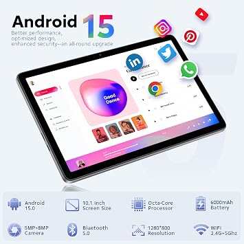 Android Tablet 10 Inch, Android 15 Tablet with Keyboard, 24 GB RAM+128 GB ROM, 1 TB Expand, Octa-Core 6000mAh 1280x800 IPS HD, 5G WiFi, T615 High Performance CPU Processor, Dual Camera (Gray)