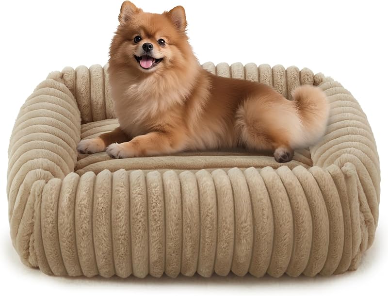 Cama para Cães e Gatos FURTIME com Laterais Elevadas, Capa Removível e Base Antiderrapante Bege M (63,5 x 53,34 x 17,78 cm)
