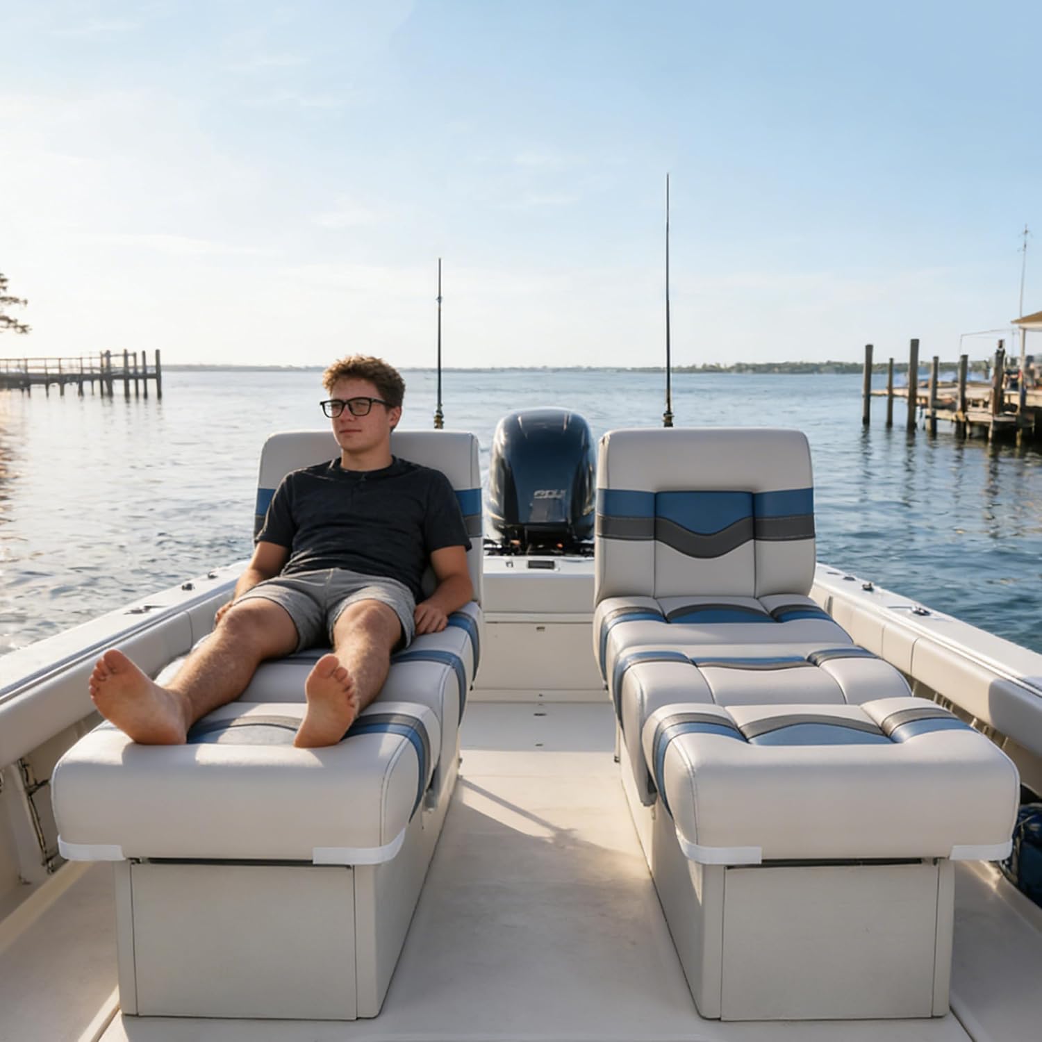 Back to Back Boat Seat, NORTHCAPTAIN 3-in-1 Convertible Lounge Chair Folding L-Shape Deck Seat with Marine-Grade Vinyl for Fishing Boat Bass Boat Jon Boat, Light Grey/Charcoal/Pacific Blue