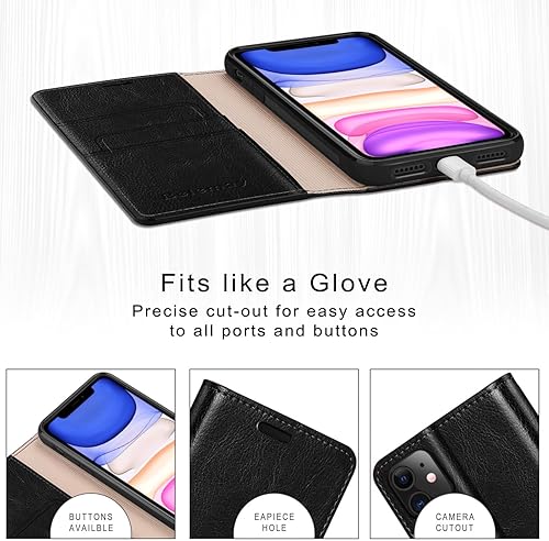 Miniatura 8 de Belemay Funda compatible con iPhone 15, piel auténtica, tarjeteros con bloqueo RFID, carcasa de TPU a prueba de golpes, función atril, funda