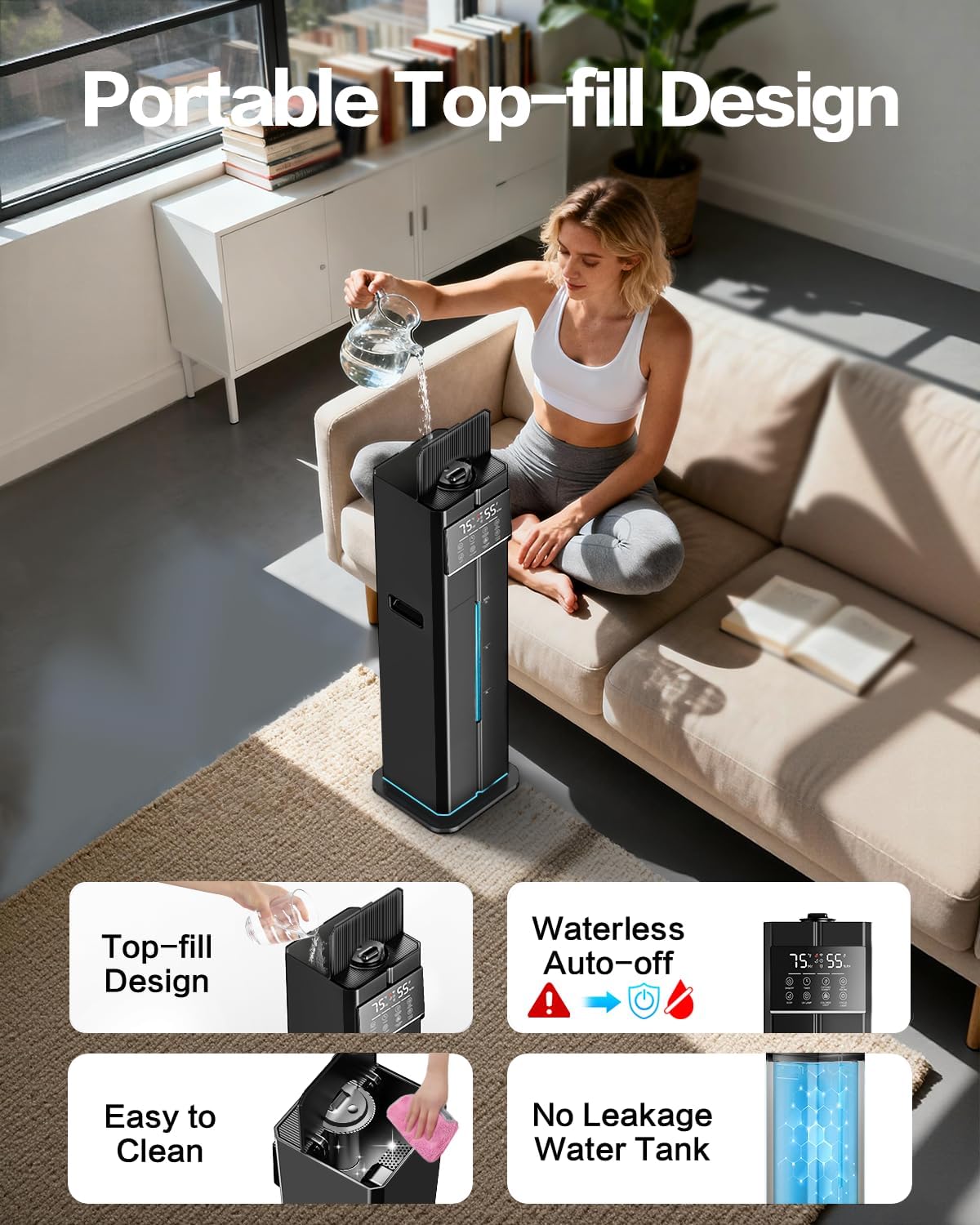 Woman pouring water into the top-fill LOMMOL humidifier