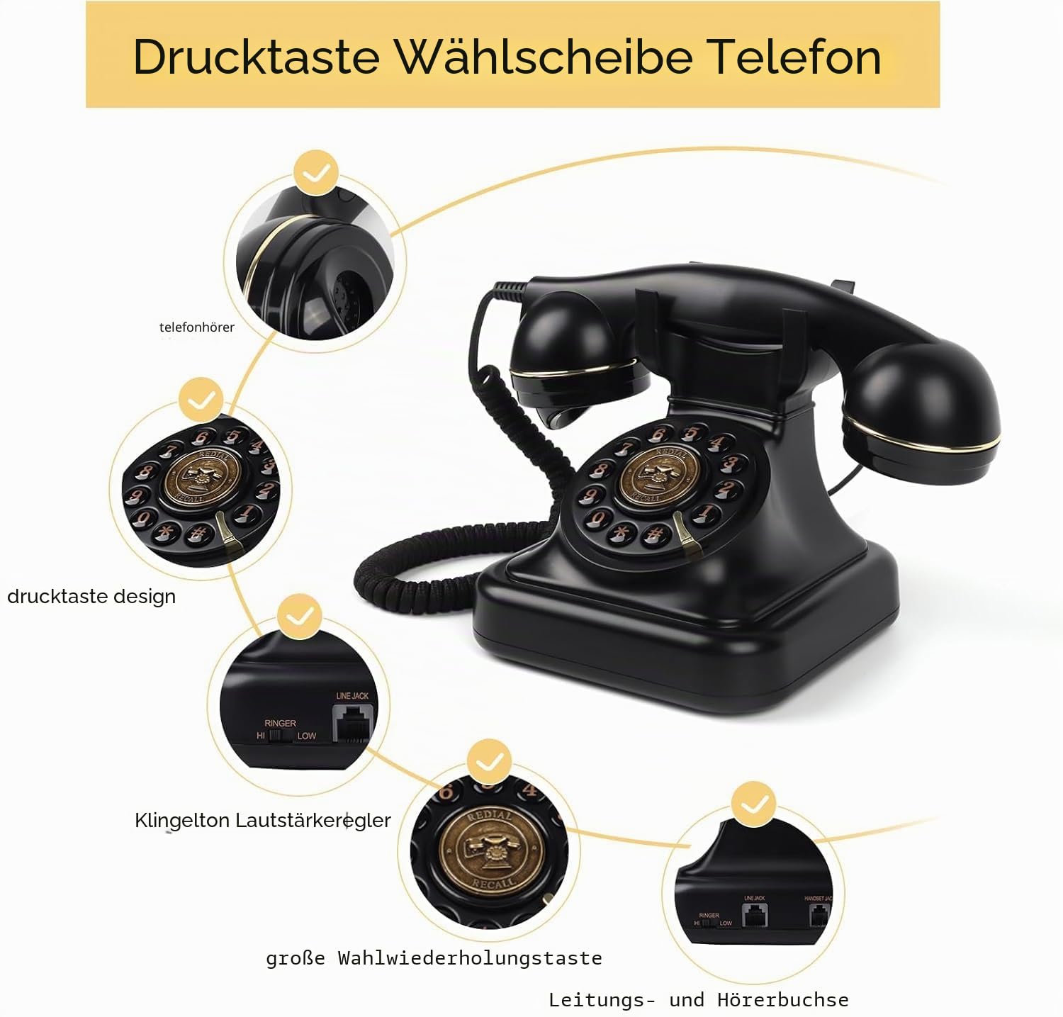 Retro-Festnetztelefon mit Druckknopf-Wahl, Vintage-Telefon mit einstellbarer Klingellautstärke und Wahlwiederholungsfunktion, Schnurgebundenes Retro-Telefon für Zuhause, Büro, Hotel (Schwarz)