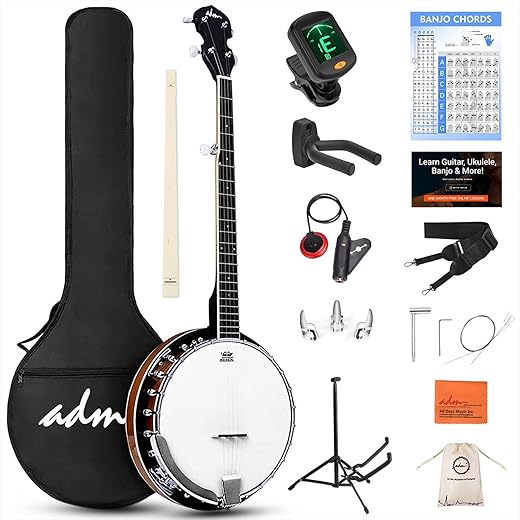 ADM Banjo 5 String Full Size Banjoes Set, 38" Beginner Banjo Kit with Resonator EQ, Remo Drum Head Open Closed Back, Gift Package Free Lessons Starter Accessories for Adults Teenager, Upgrade-Brown