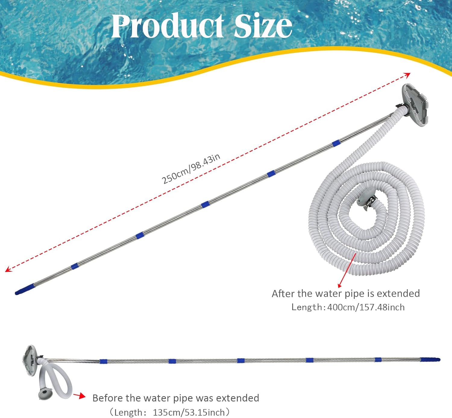 Pool Vacuum Cleaner for Above Ground and In Ground Pools,Flexible Hose with Extension Rods, Extendable Cleaning Tool(Grey)