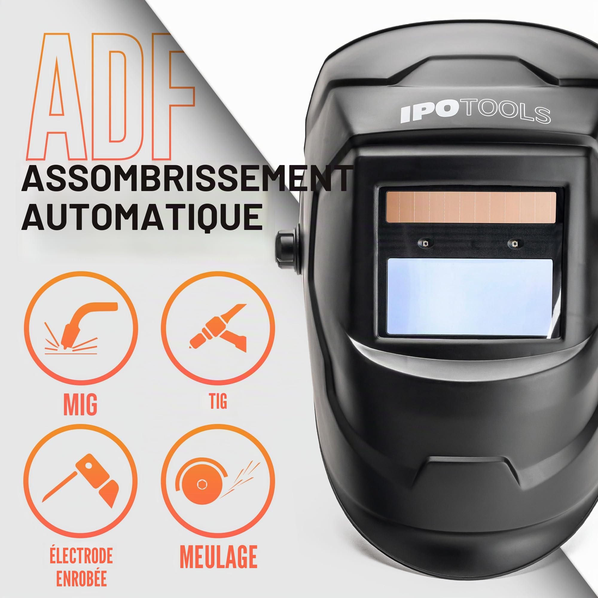 IPOTOOLS J500A Casque de soudage automatique avec True Colour, casque de soudage solaire, 2 capteurs de qualité supérieure, grand champ de vision (92 × 42 mm) avec niveaux de protection DIN 4/9-13
