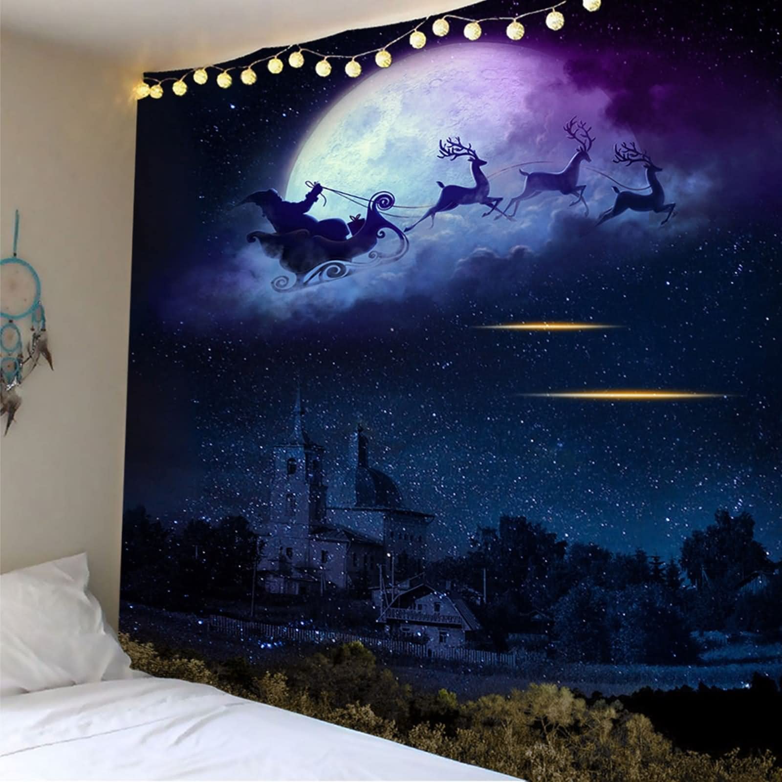 Wandbehang Weihnachten, Wandbehang Wohnzimmer Weihnachtsmann Elchschlittennacht Dunkelblau Polyester 350X256cm