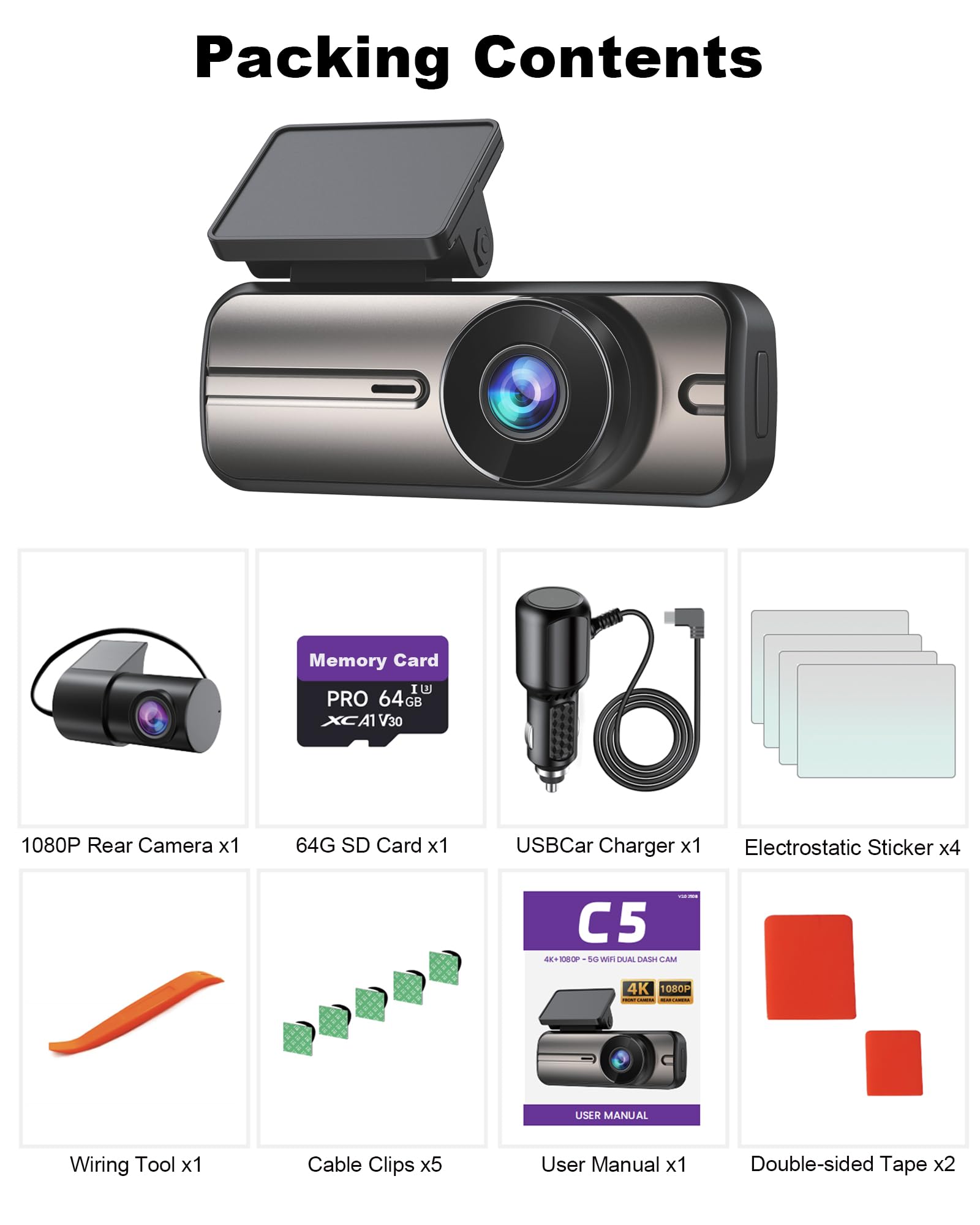 Dash Cam Front and Rear 4K+1080P, 5GHz WiFi, Dual Dashcam with 64GB Card, App Control, G-Sensor Emergency Recording, Loop Recording, 24H Parking Mode Supports, Dash Camera for Cars — view 8