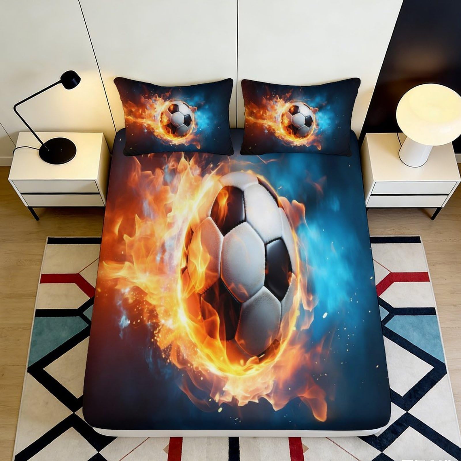 3D Printed Flaming Soccer Fitted Sheet Microfiber Soft Breathable Fire Football Bed Cover for Bedroom Dorm Decor 90x200x25cm