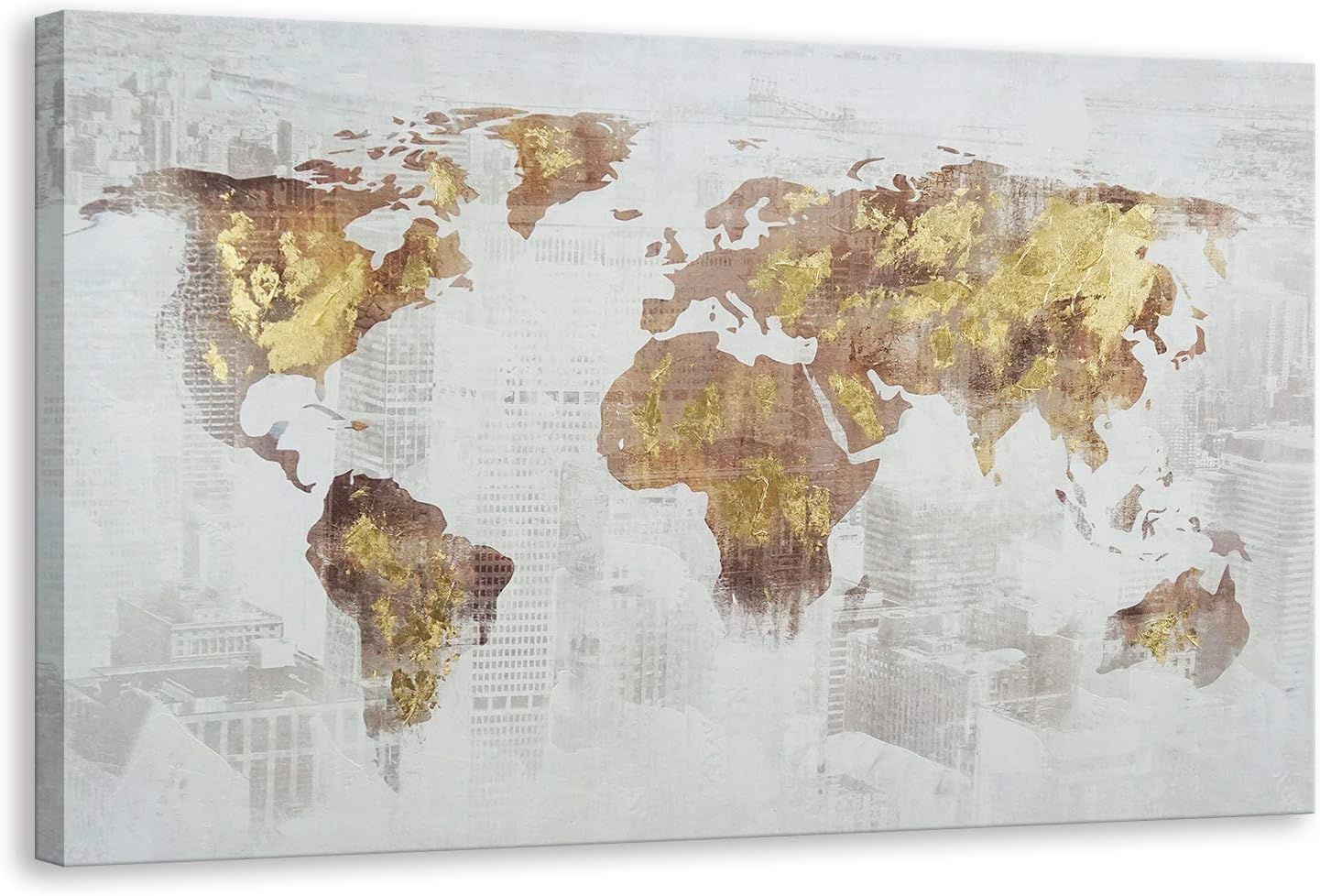 Kas Home Art Modern Abstract Large Gold Foil World Map Canvas Prints Framed Wall Art Wall Paintings Wall Decorations for Living Room Office Wall Decor (32 x 48 Inch, A Framed)